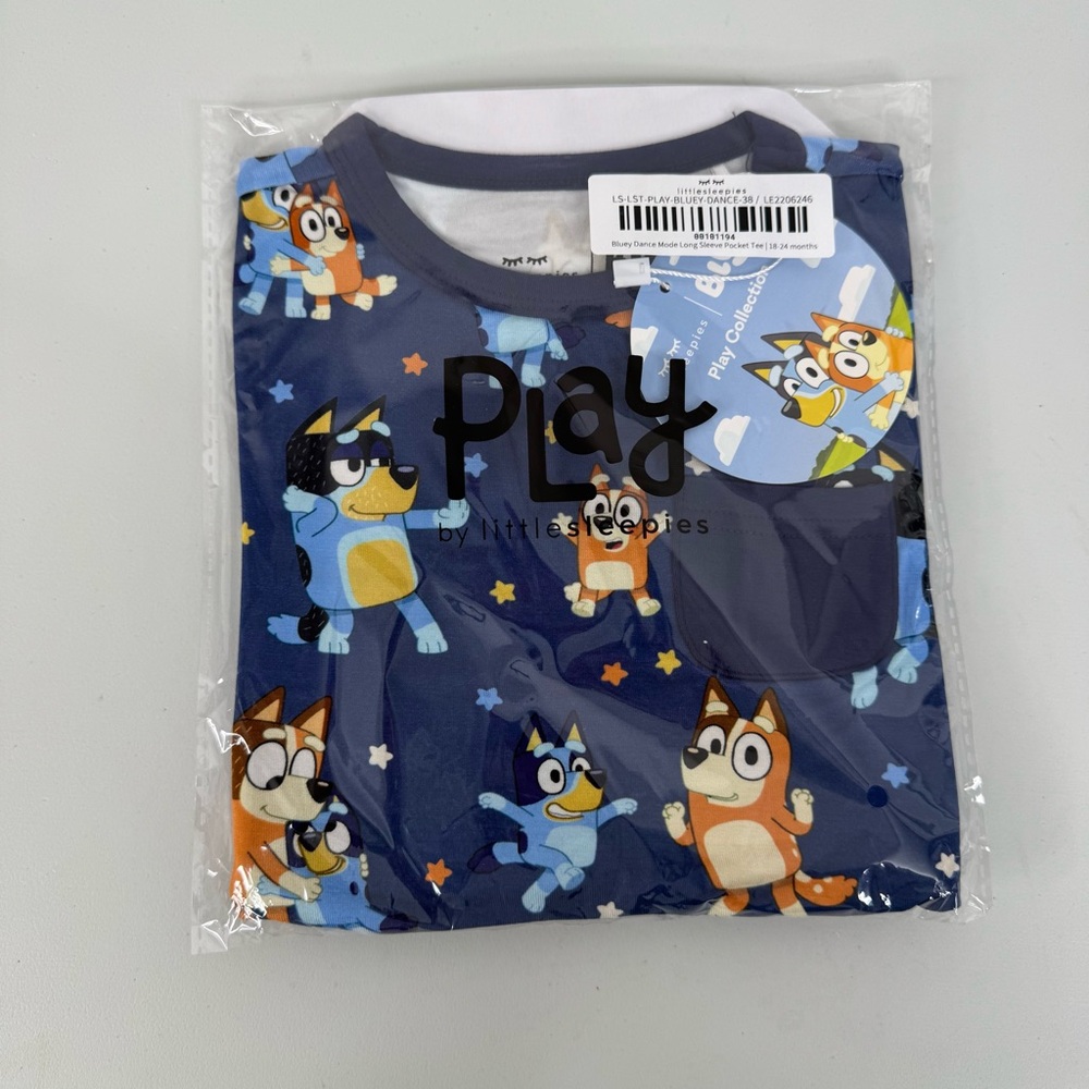 Little Sleepies Play Line Bluey Dance Mode Long Sleeve Pocket Tee Size 18-24m
